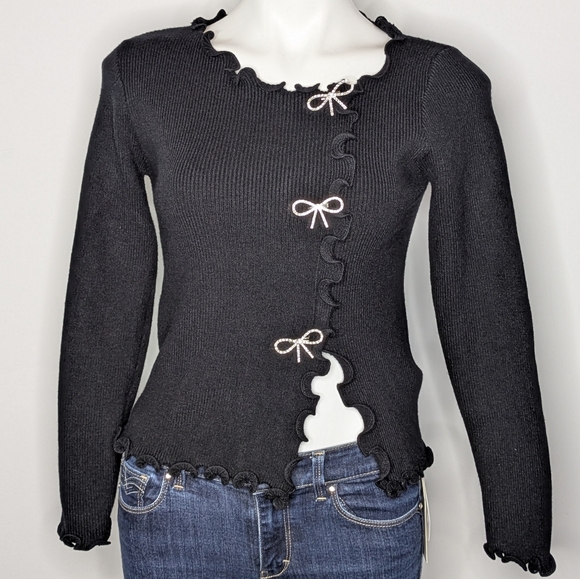 NWT Commense Black Silver Rhinestone Bow Pin Accent Sweater XL - Picture 1 of 9